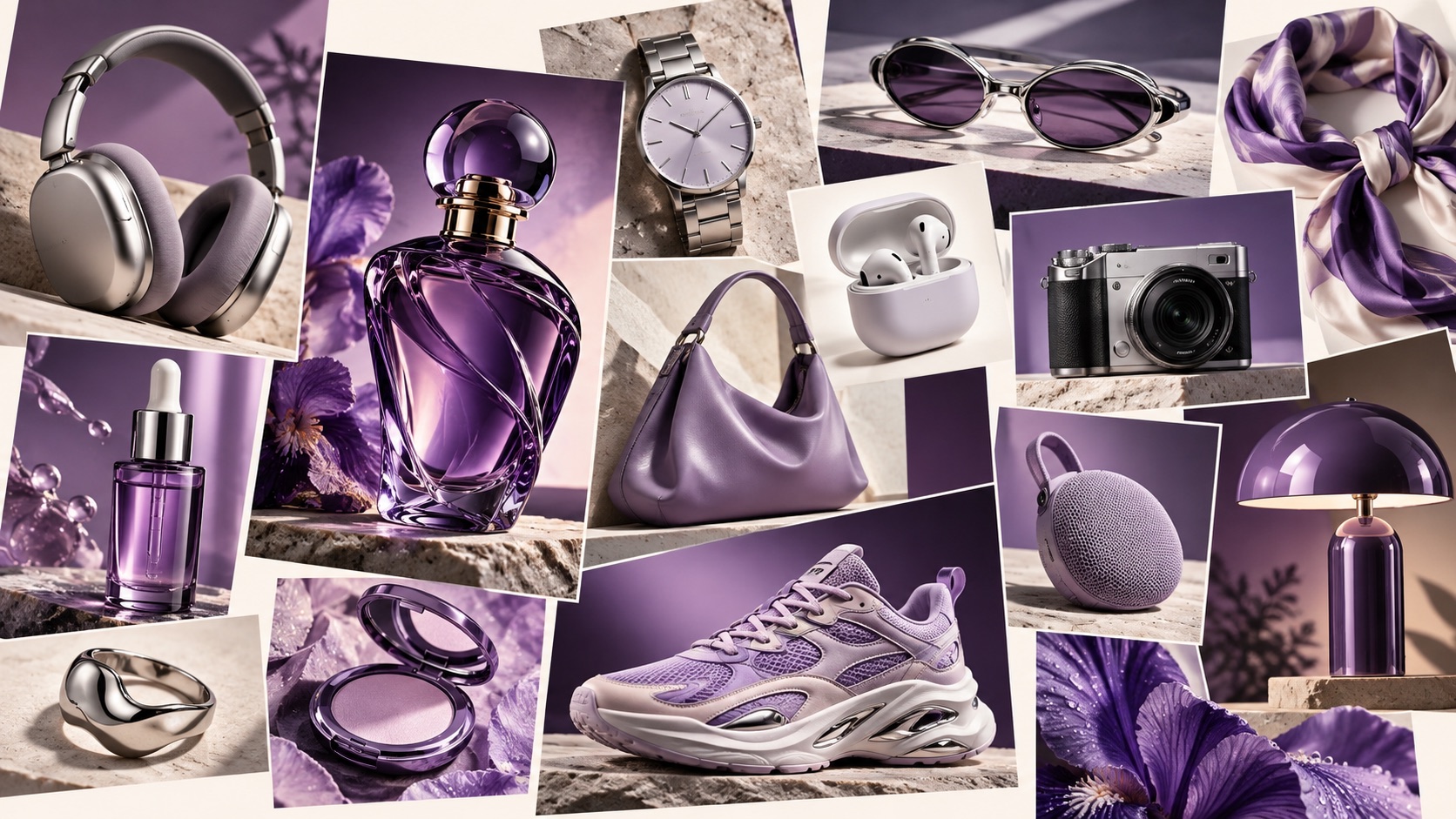 Editorial collage of purple and silver perfume, fashion, skincare, jewellery and technology product photography